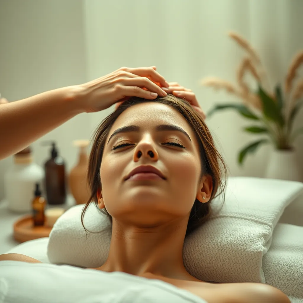 A calm and relaxing spa environment with a person receiving a scalp massage while looking relaxed.  The image should include elements like natural lighting, essential oils, and calming colors, highlighting the holistic approach to hair health.