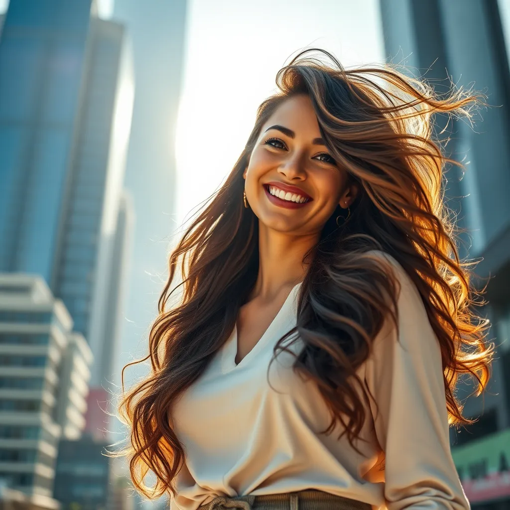 A cinematic composition depicting a woman with visibly fuller, healthier hair, confidently standing against a backdrop of a vibrant, urban cityscape. She wears a stylish outfit that accentuates her flowing locks. Sunlight streams through the city, casting warm light and long shadows. The woman radiates confidence and joy, showcasing the transformative results of Nutrafol treatment. Capture the scene in a low-angle perspective, emphasizing her radiant smile and revitalized hair. Render the image in a photorealistic style with 8K resolution, highlighting the vibrancy of the cityscape and the beauty of her restored hair.