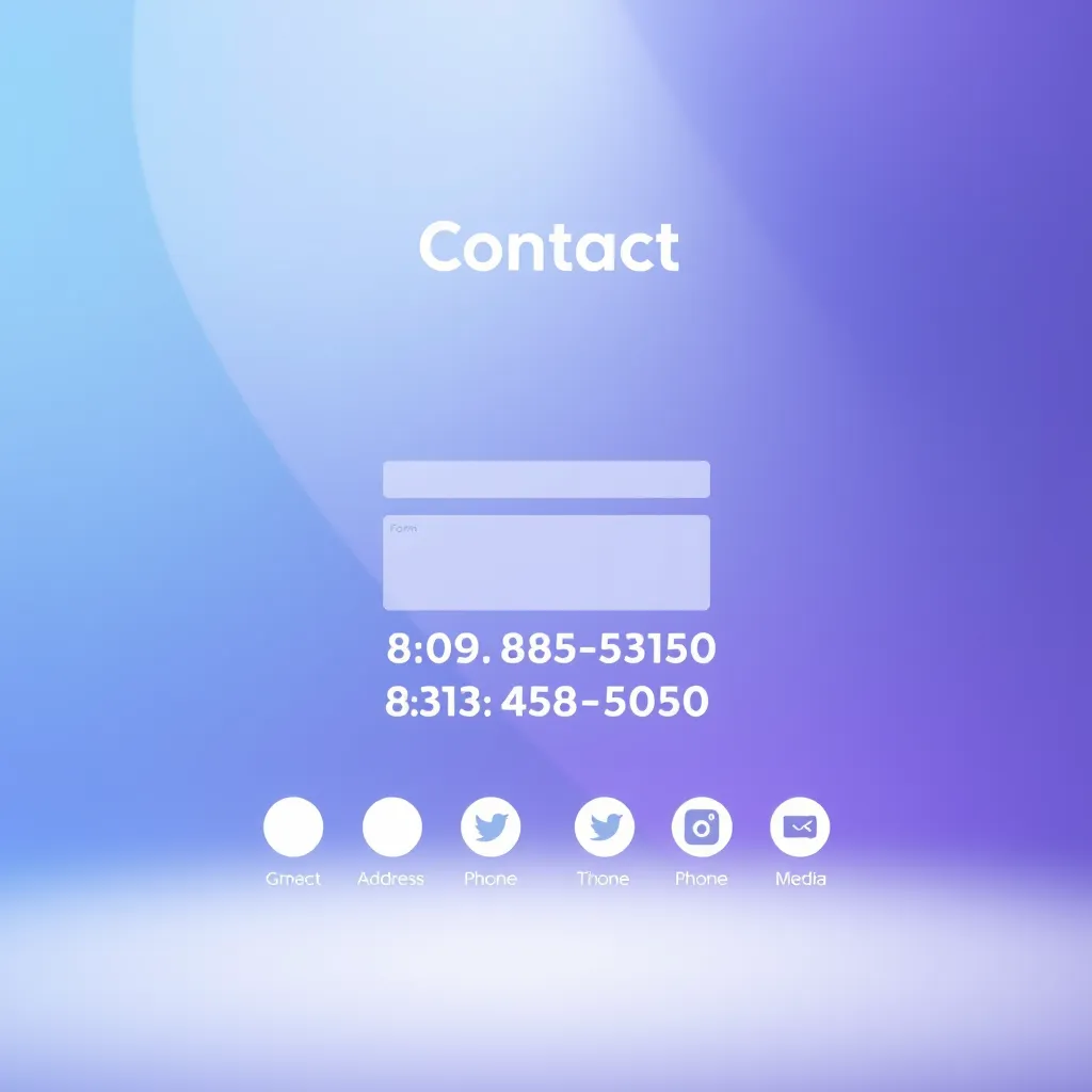 A clean and modern website footer with a contact form, email address, phone number, and social media icons. The background should be a soft gradient of blue and purple, and the text should be white. The footer should be visually appealing and inviting, encouraging visitors to connect with the website.