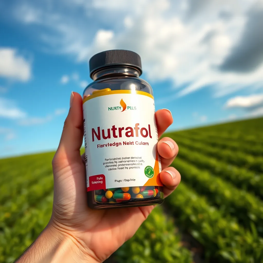 A close-up image of a hand holding a bottle of Nutrafol pills, with a background showing a lush green field and a vibrant sky, symbolizing natural ingredients and growth. The bottle should have a sleek, modern design, and the pills should be visible and colorful, reflecting the variety of nutrients within.