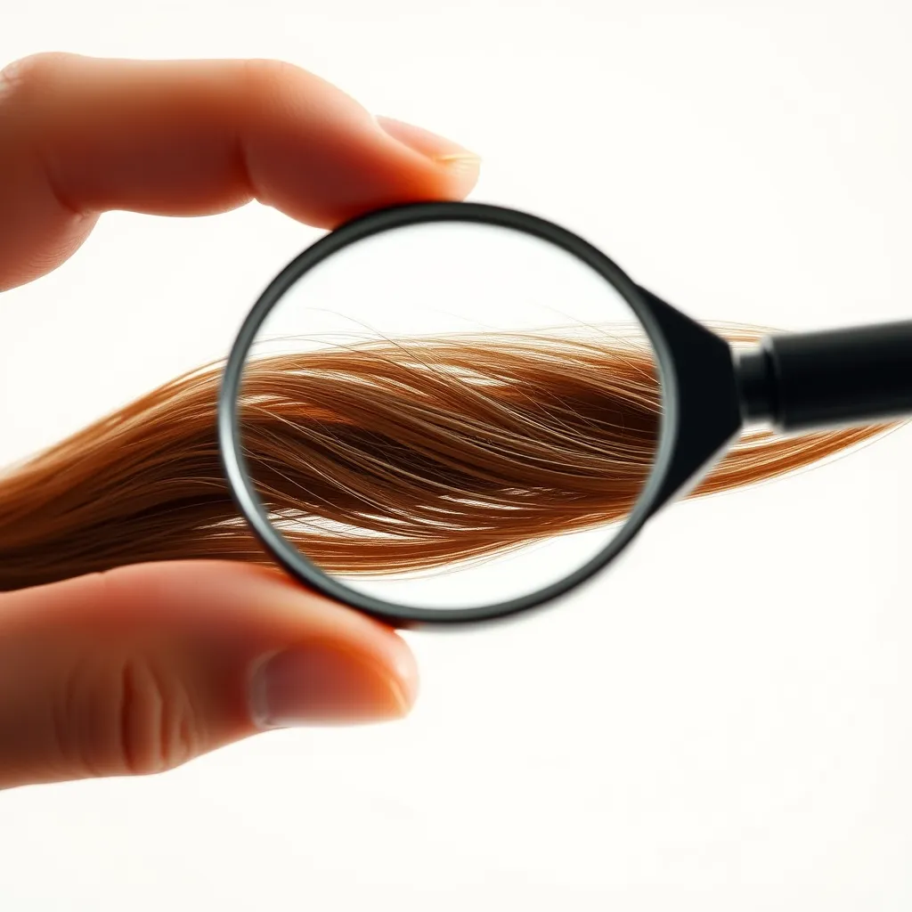 A close-up image of a hand holding a strand of hair with a magnifying glass over it. The image should be brightly lit and focused on the detail of the hair strand, showcasing its texture, porosity, and density. The background should be a neutral, light color.