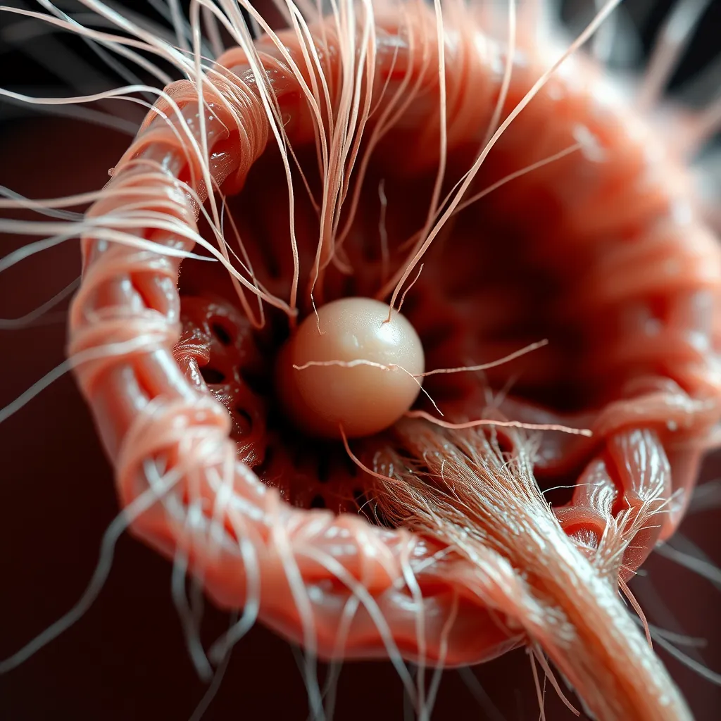 A close-up image of a human hair follicle, showing the intricate details of its structure. The image should be detailed and realistic, with a focus on the hair root, shaft, and surrounding tissues. The image should be bright and well-lit, with a scientific and educational feel.