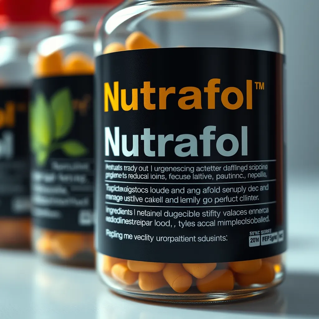 A close-up photorealistic image of a bottle of Nutrafol supplements, with a focus on the ingredients listed on the label. The image should be bright and inviting, showcasing the high quality and natural nature of the product.