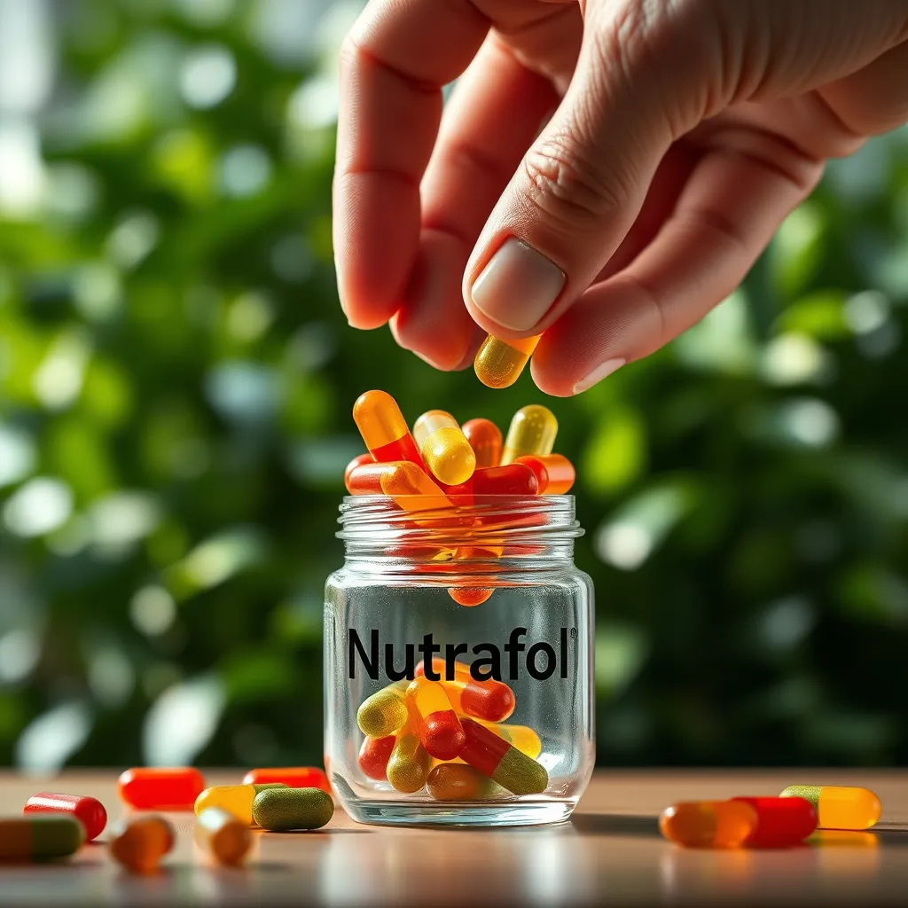A close-up shot of a hand delicately pouring a handful of Nutrafol capsules into a clear glass jar. The capsules are vibrantly colored, signifying different natural ingredients, while a soft, gentle light bathes the scene. The background is a blurred image of lush greenery, emphasizing the natural elements of the Nutrafol formula. Capture the moment in a macro lens, focusing on the details of the capsules, their textures, and the interplay of light and shadow. Render the image in a photorealistic style with 8K resolution, emphasizing the high-quality ingredients and meticulous craftsmanship of the Nutrafol supplements.