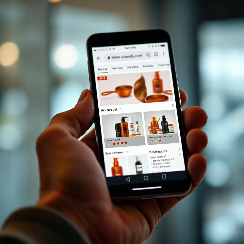  A close-up shot of a hand holding a smartphone, displaying an online store interface with a selection of hair care products, showcasing clear images, product descriptions, and user reviews. The image should highlight the seamless and convenient online shopping experience.