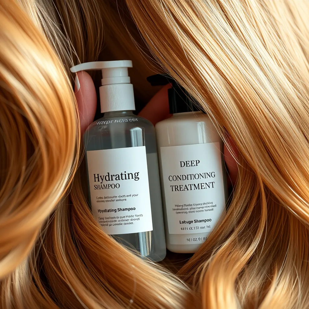  A close-up shot of a hand holding a bottle of shampoo and a bottle of conditioner. The shampoo bottle should have a label that says "Hydrating Shampoo" and the conditioner bottle should have a label that says "Deep Conditioning Treatment." Both bottles should be surrounded by lush, healthy-looking hair.