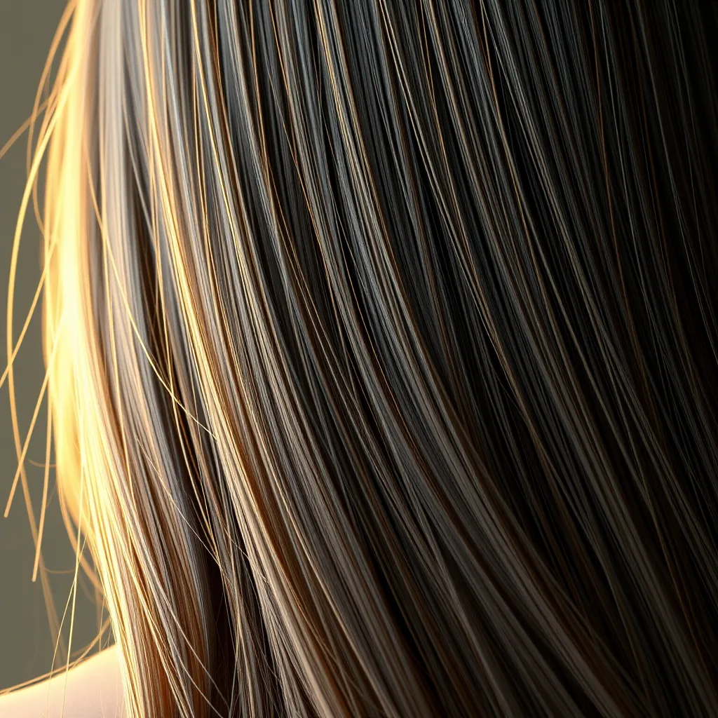 A close-up shot of healthy, shiny hair flowing down a woman's back, highlighting the smoothness and shine. The lighting should be soft and warm, focusing on the hair texture.