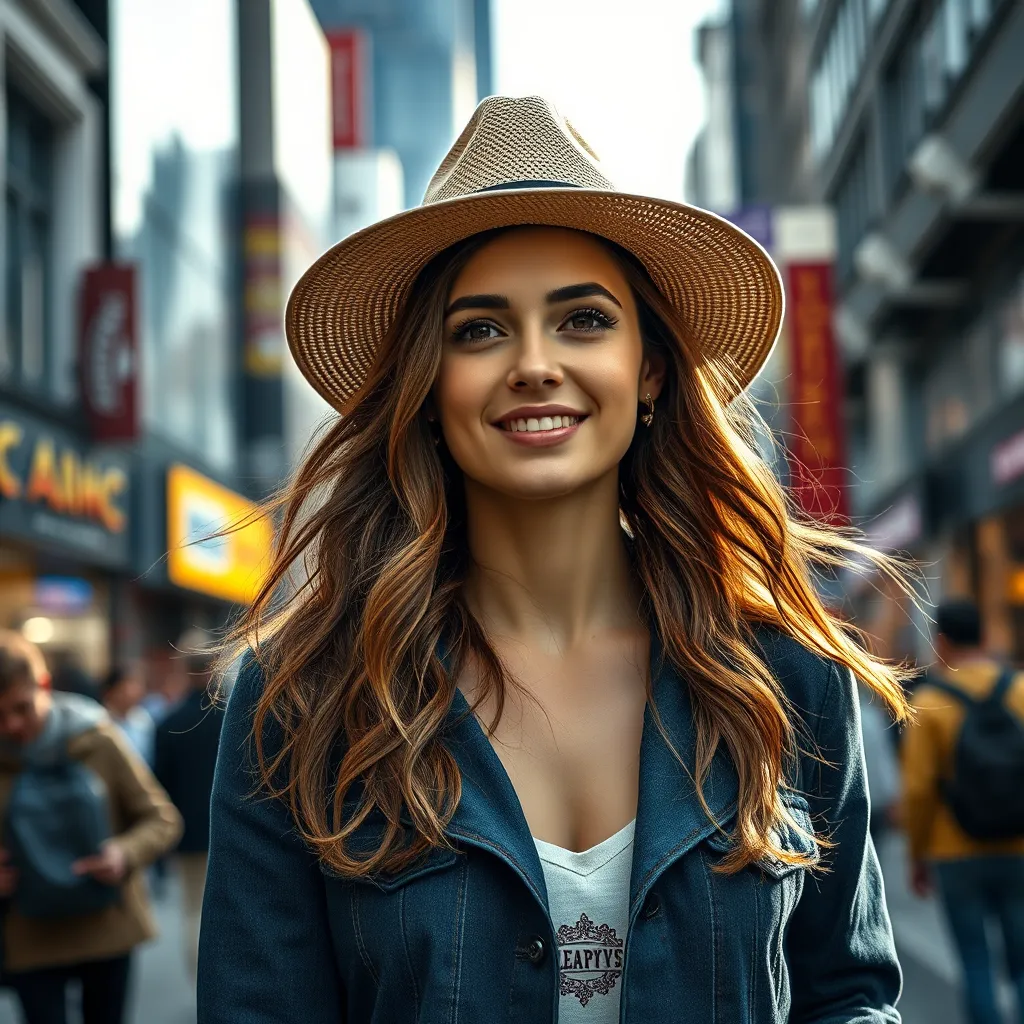  A dynamic image of a woman with healthy hair, confidently walking through a bustling city street. She is wearing a stylish hat, highlighting the importance of protection from the sun and pollution. The background is a vibrant city landscape, representing a busy, yet healthy lifestyle.