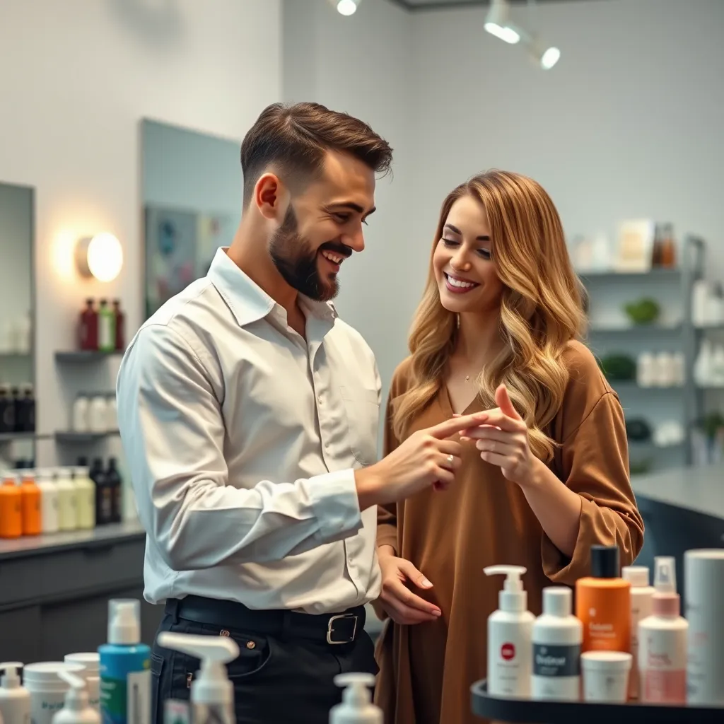  A friendly, professional stylist standing beside a customer, offering personalized advice and product recommendations in a well-lit, modern hair salon setting. The customer should be looking at a selection of hair care products, while the stylist points to a specific product, engaging in a conversation.