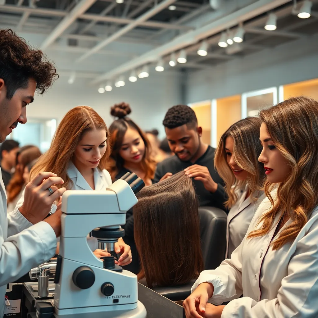 A group of diverse hair professionals in a modern hair salon, working together to analyze hair strands under a microscope, while others are styling hair with precision and care.  The atmosphere is bright and professional, showcasing a commitment to excellence.