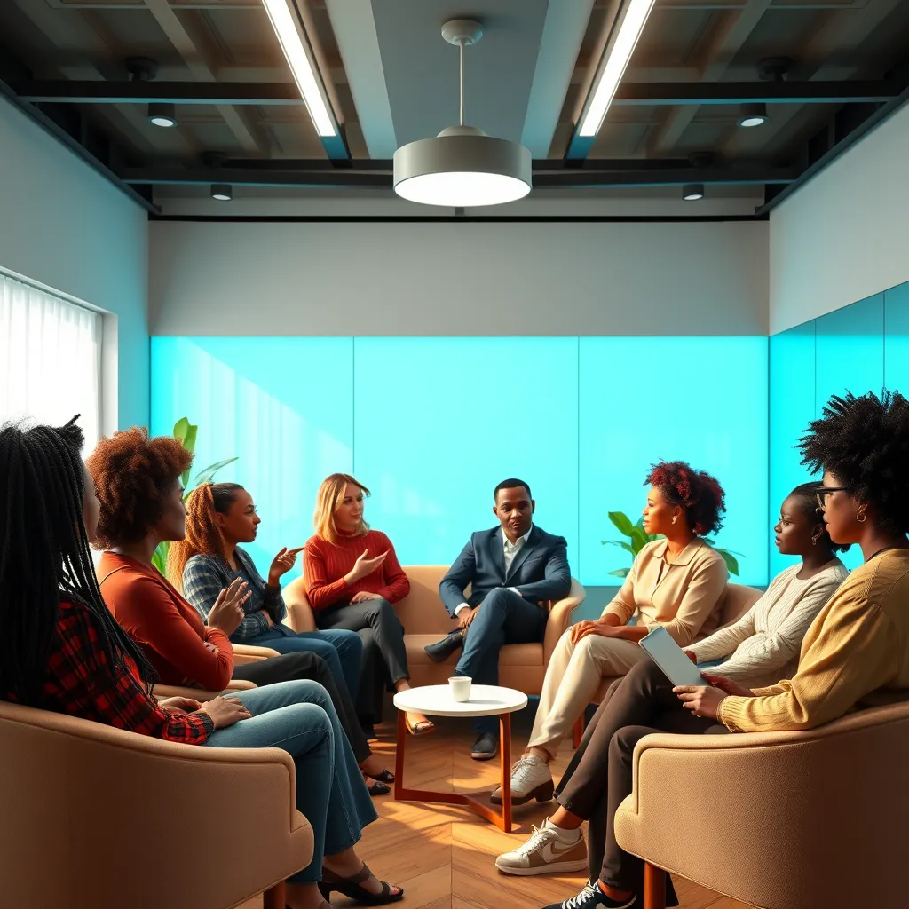 A photorealistic image of a diverse group of people sitting in a virtual room, discussing hair health and using online platforms. The room should be brightly lit and welcoming. The people should be engaged in conversation, sharing tips and advice.