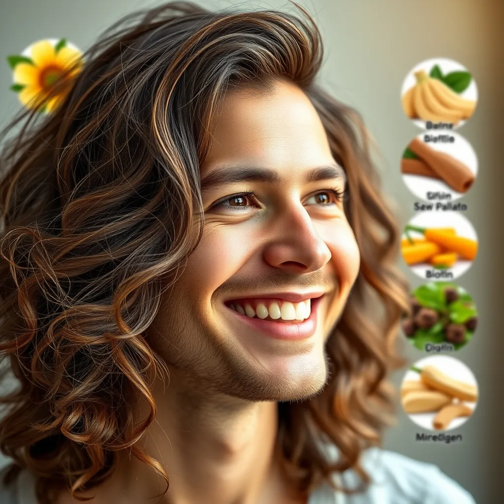  A photorealistic image of a person with healthy, thick hair smiling confidently. In the background, a blurred image of various natural ingredients like saw palmetto, biotin, and marine collagen. The overall theme should be holistic and natural, emphasizing the power of Nutrafol's comprehensive approach.