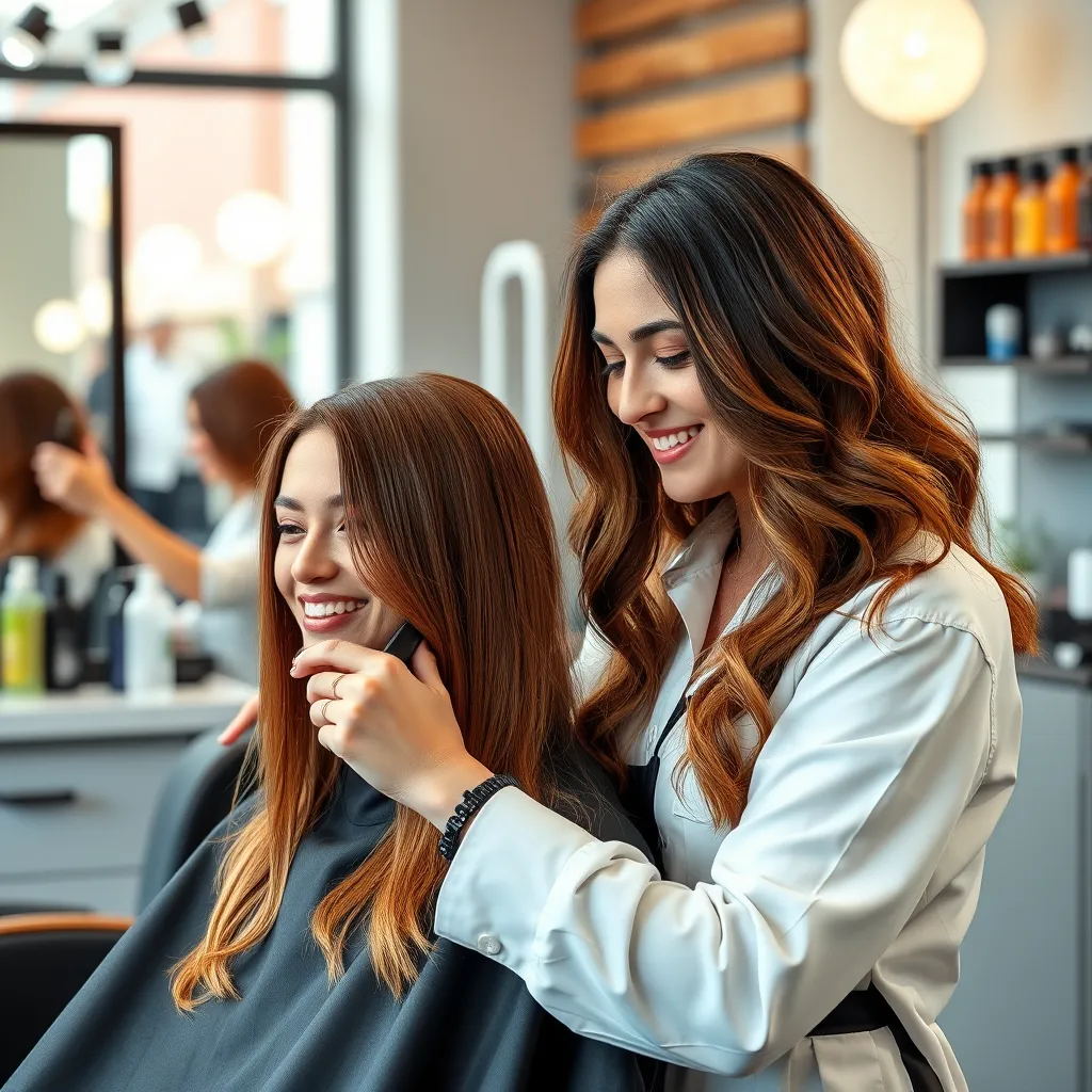 A photorealistic image of a professional hair salon with a stylist working on a client's hair, using various tools and products. The salon should be clean and modern, with natural lighting. The stylist should be smiling and engaging with the client. The client should have healthy, vibrant hair.