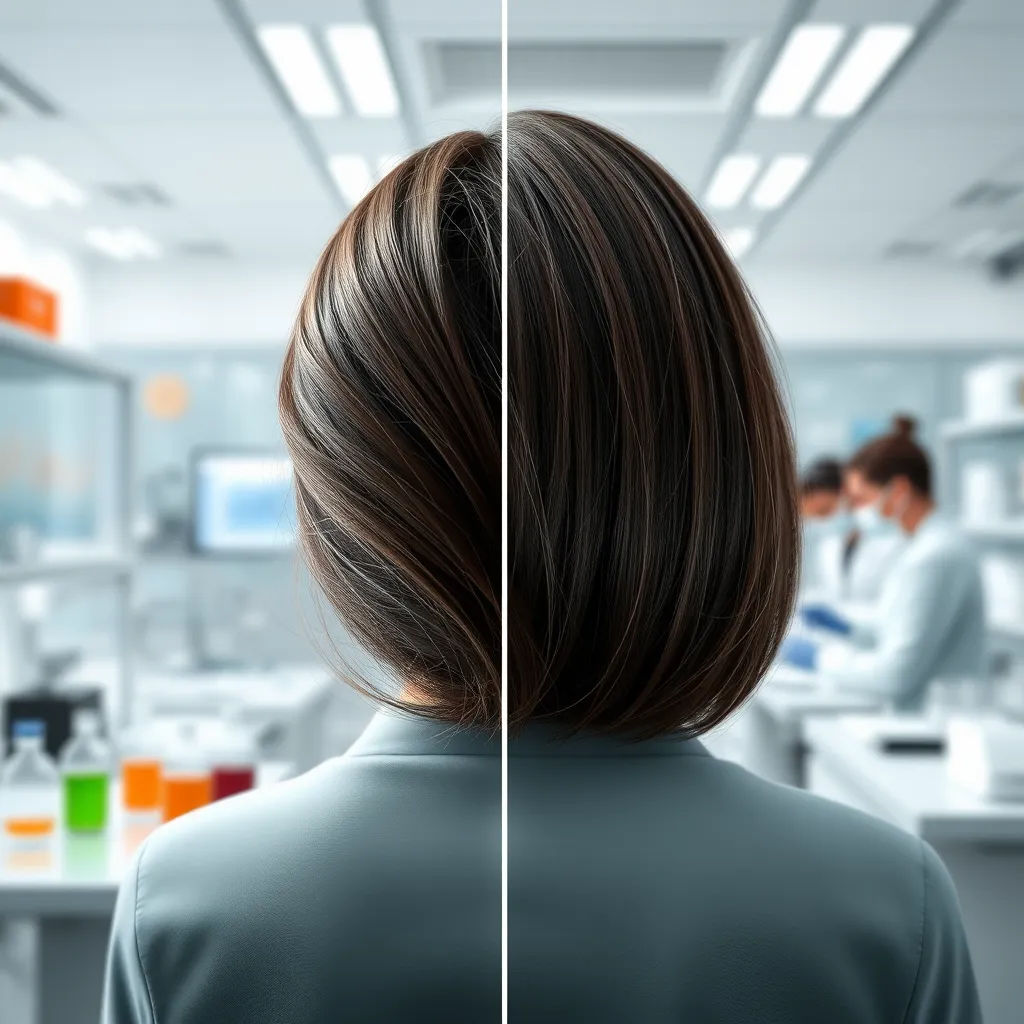  A photorealistic image showing two separate hair strands side by side. One strand is thin and brittle, representing hair loss, while the other strand is thick and strong, representing healthy hair. In the background, a laboratory with scientists analyzing data and conducting research on Nutrafol's ingredients.