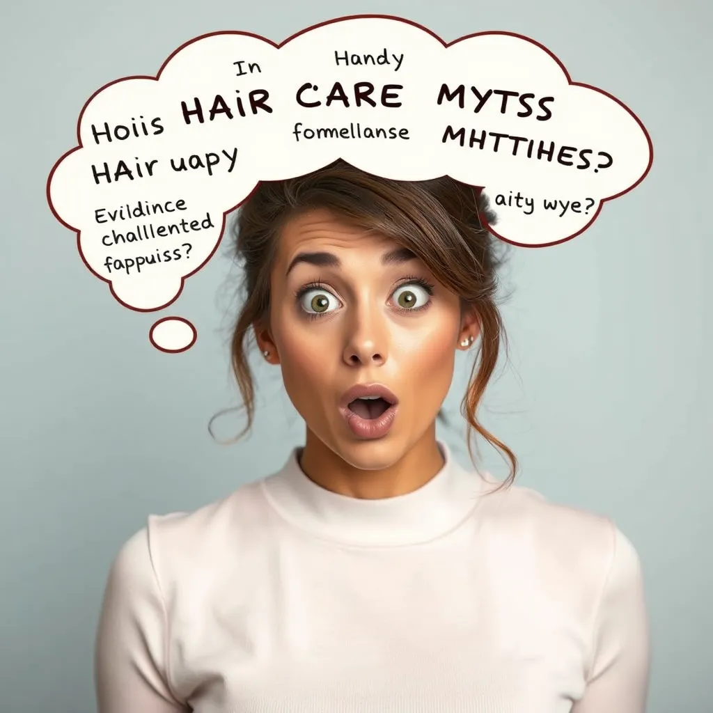 A playful and humorous image showcasing a woman with a surprised expression, holding a thought bubble above her head filled with common hair care myths. The image should be designed to challenge misconceptions and emphasize the importance of evidence-based hair care practices.