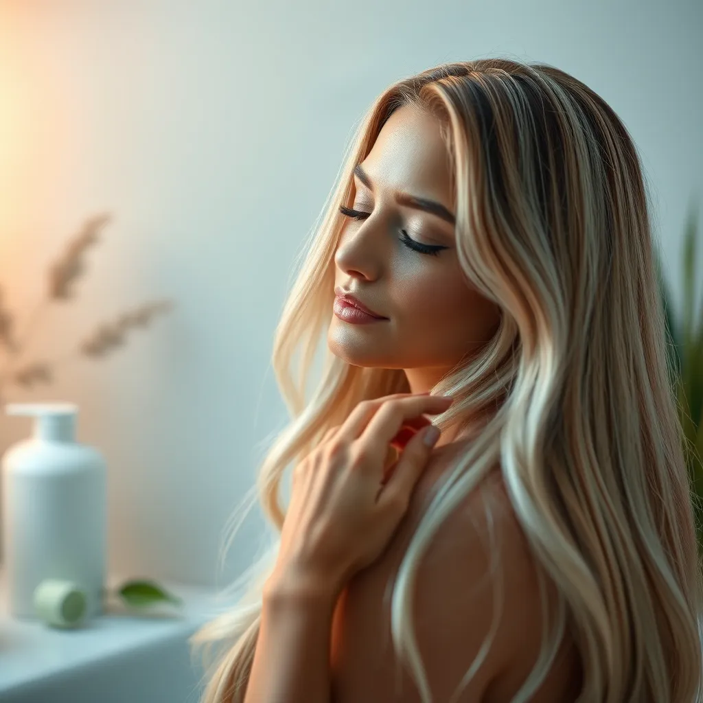  A serene image of a woman with long, flowing hair, gently applying a luxurious shampoo and conditioner. The hair is gleaming with moisture and the background features a spa-like setting with soft lighting and natural elements.