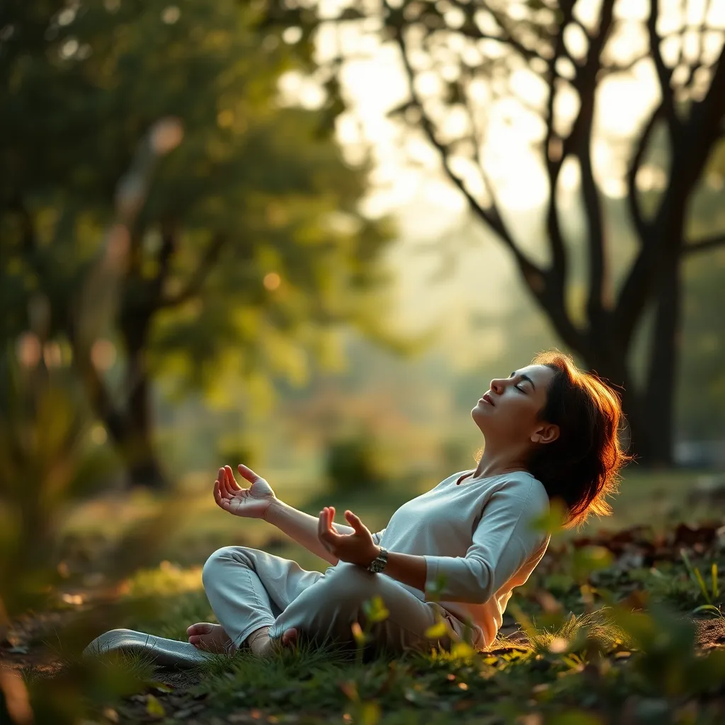 A serene scene of a person practicing mindfulness meditation in a tranquil outdoor setting. The image should convey a sense of calm and relaxation, with soft lighting and a peaceful atmosphere. The person should be sitting or lying down comfortably, with their eyes closed, surrounded by nature.