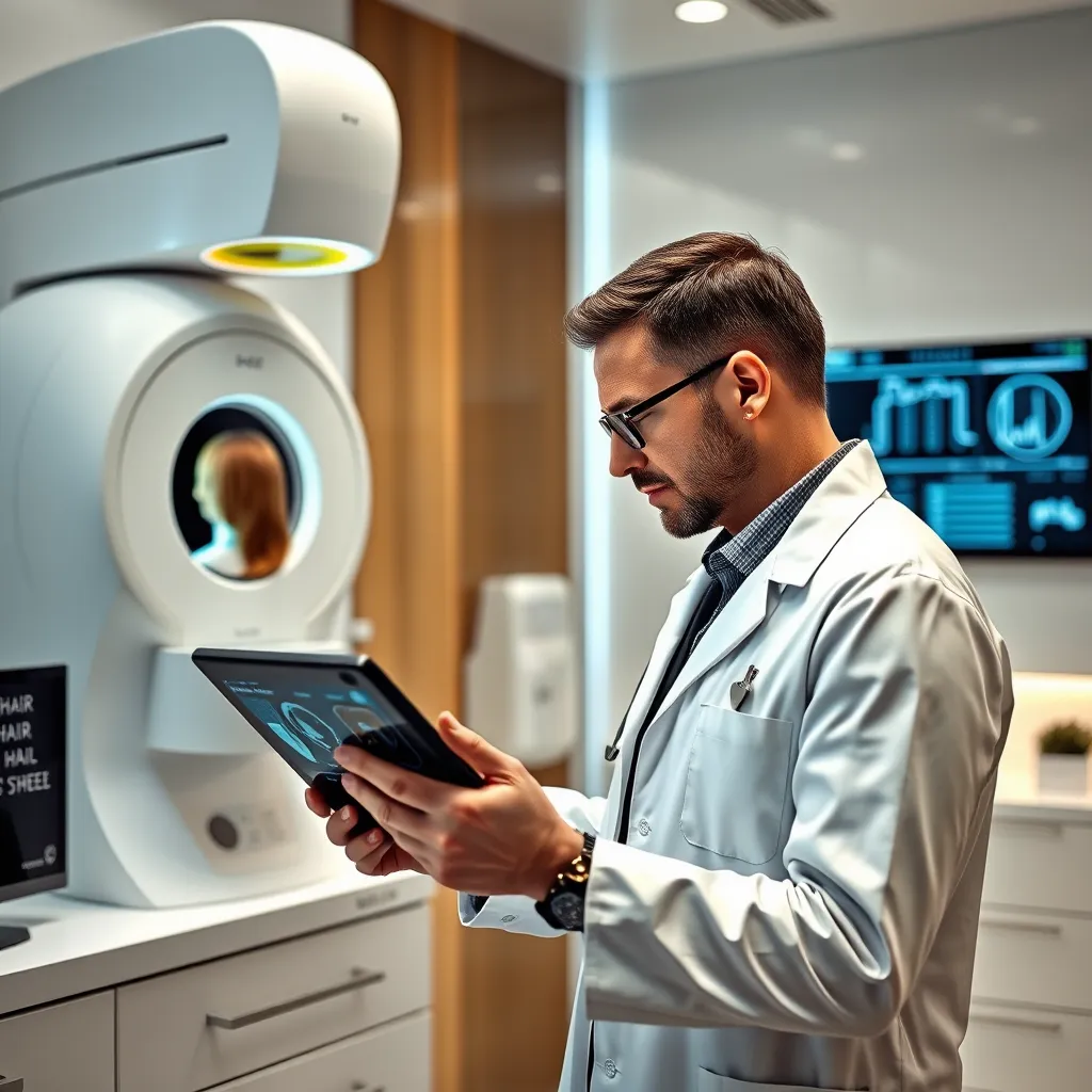 A sleek, modern hair clinic with advanced hair analysis equipment like a hair scanner and a digital hair growth monitor. A professional, wearing a lab coat, carefully examines the results on a tablet.  The image emphasizes the use of technology for precise diagnosis and personalized solutions.