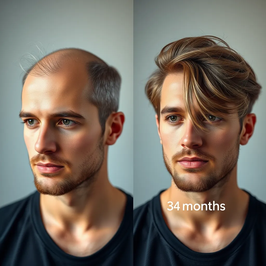 A split-screen image showing a person with thinning hair on the left side and the same person with thicker, fuller hair on the right side, accompanied by a timeline illustrating the progression of hair growth over 3-6 months. The image should be natural and realistic, showcasing the effectiveness of Nutrafol.