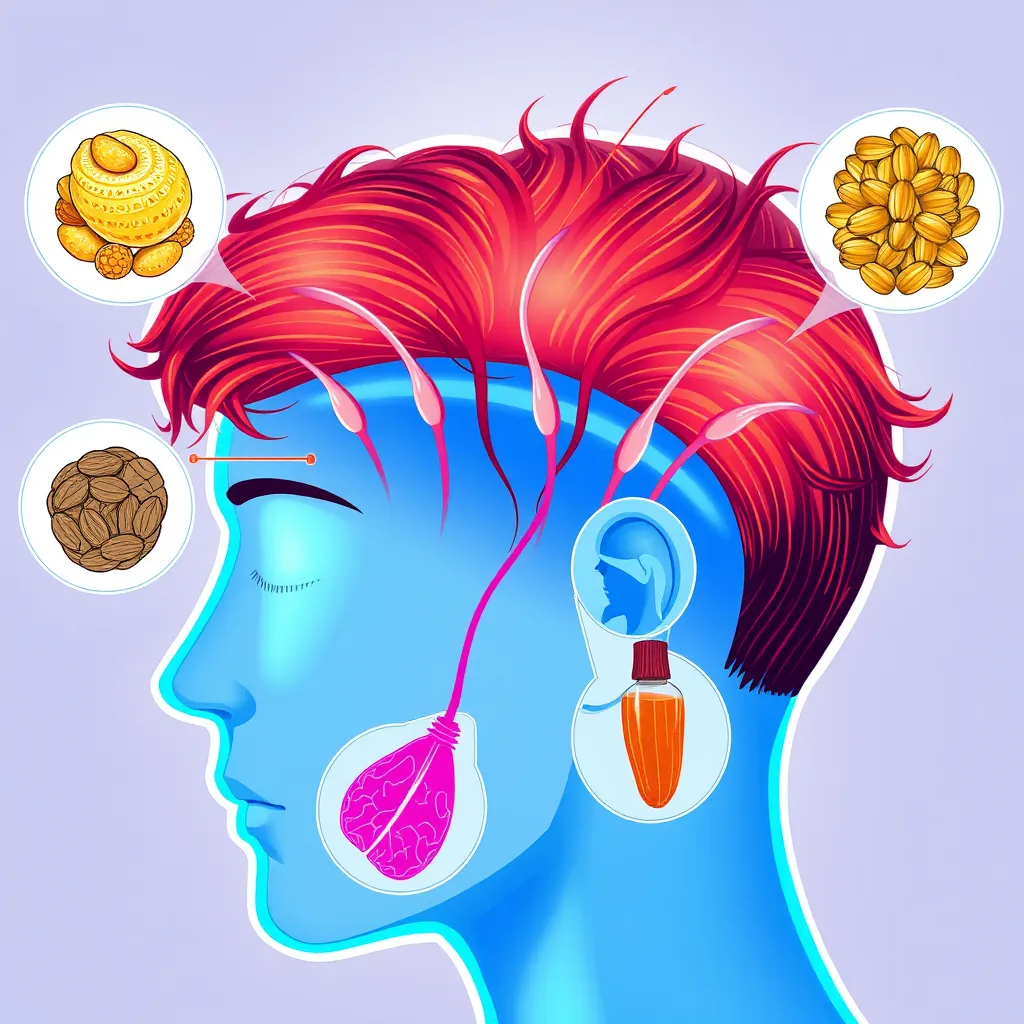 A stylized illustration of a human head with hair follicles, depicting various factors like stress, hormones, and nutrients affecting hair growth. The illustration should use vibrant colors and a modern design aesthetic, with a focus on showcasing the interconnectedness of these factors.