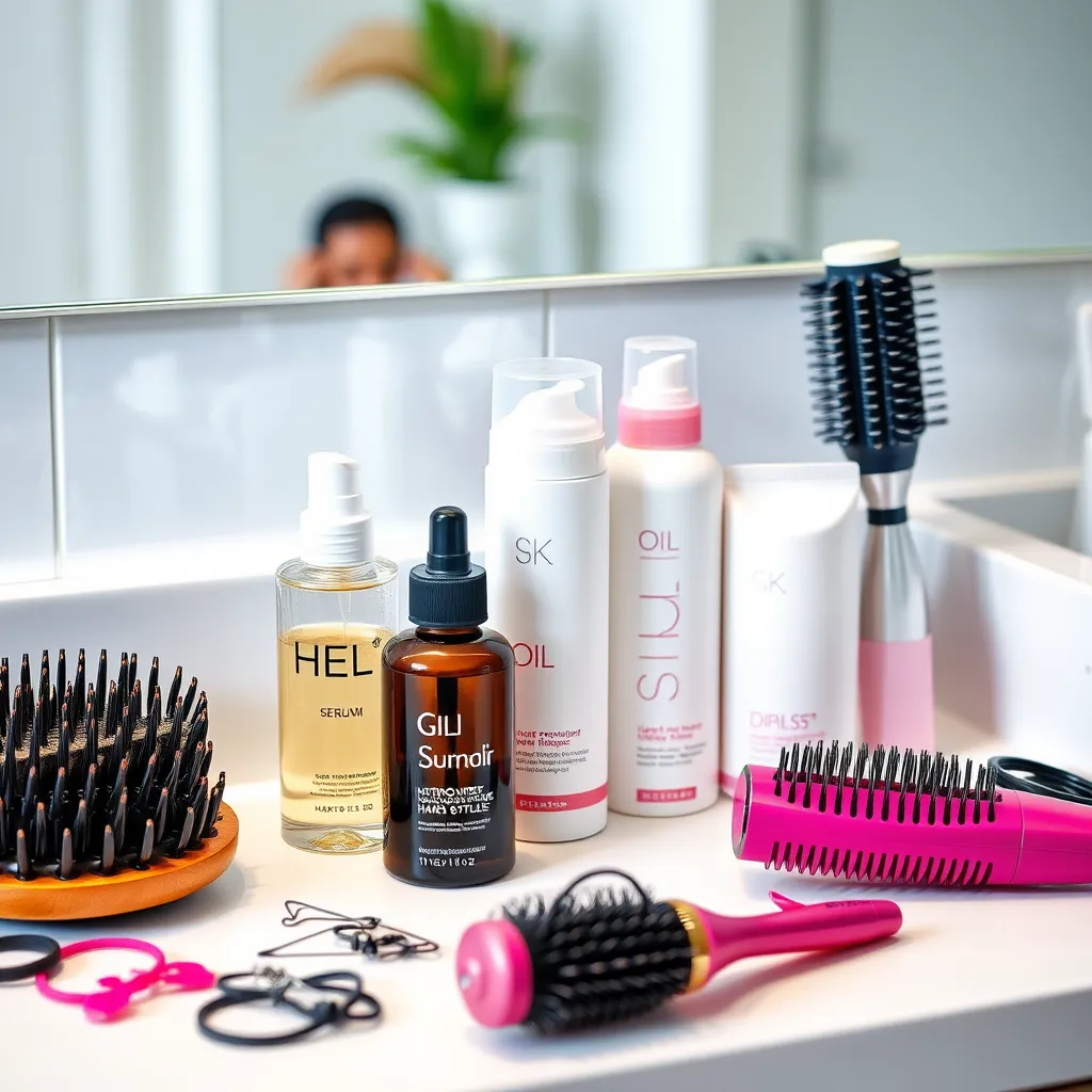  A variety of hair styling products arranged on a white countertop. The products should include a serum, an oil, a mousse, a gel, and a hairspray. The products should be surrounded by accessories like hairbrushes, hair ties, and bobby pins.