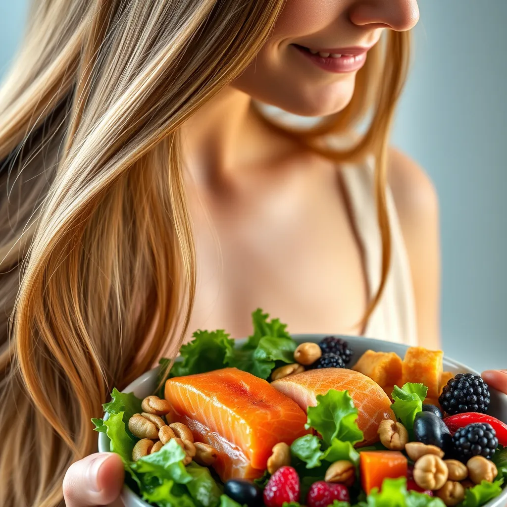  A vibrant, close-up image of a woman with long, healthy, shiny hair. Her plate is filled with colorful, nutritious foods like leafy greens, salmon, nuts, and berries. The background is soft and natural, representing a healthy lifestyle.