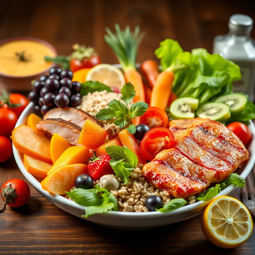 A vibrant and colorful image of a healthy plate of food featuring various fruits, vegetables, lean protein, and whole grains. The image should convey a sense of nourishment and vitality, highlighting the importance of a balanced diet for healthy hair growth.