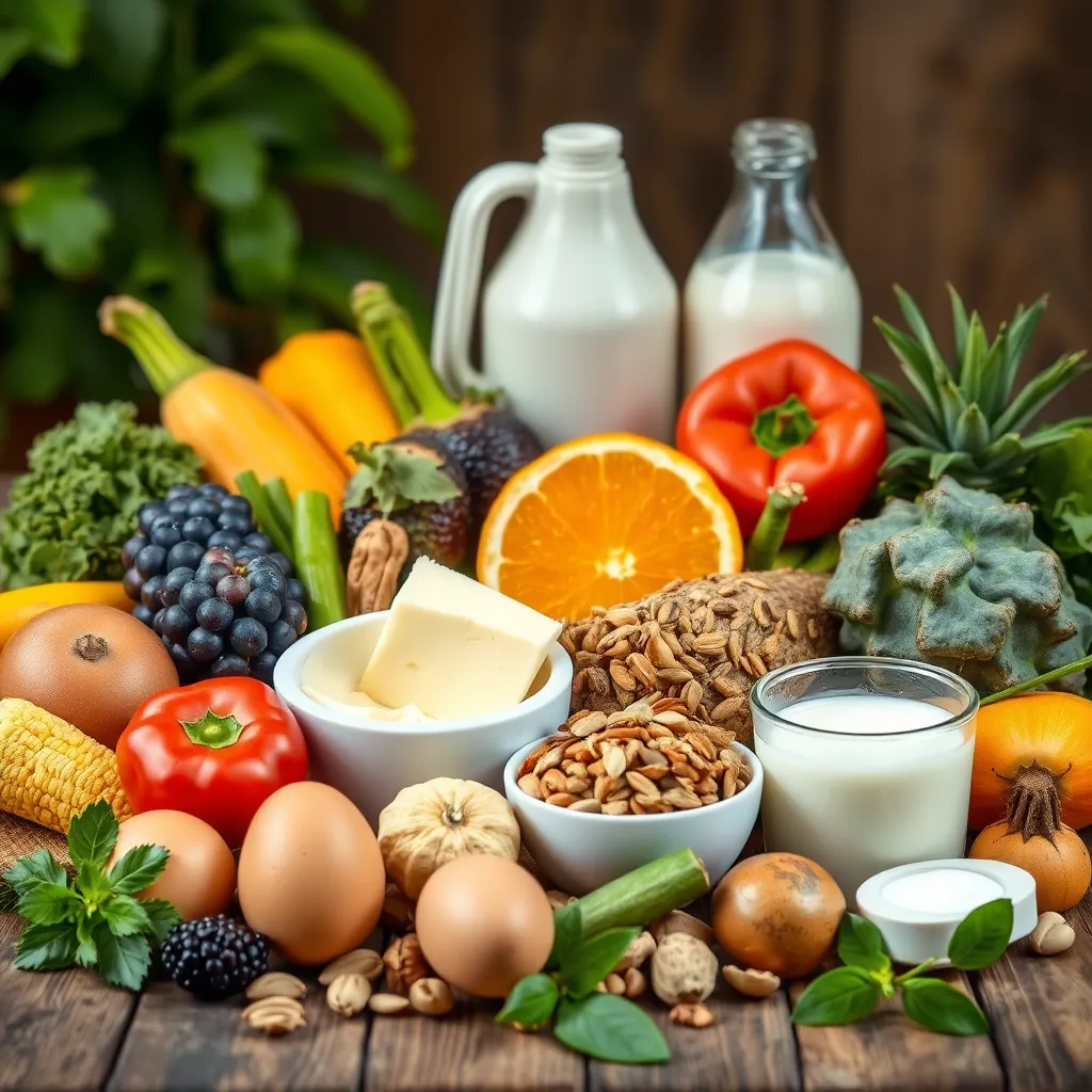 A vibrant still life showcasing a variety of foods rich in nutrients beneficial for hair health. Include fresh fruits, vegetables, nuts, seeds, eggs, and dairy products arranged attractively on a table with a natural background. Focus on showcasing the colors and textures of the food.