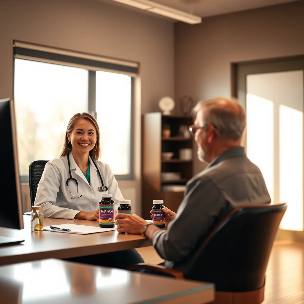 A warm, inviting and modern doctor's office. A friendly, approachable doctor is seated at a desk, looking directly at the camera with a welcoming smile, while a patient sits across from her, listening attentively. Natural light streams in through a window, illuminating the scene. The doctor's desk is clean and organized with a computer, a notepad, and a pen. The patient is casually dressed and holds a small, elegant bottle of Nutrafol supplements. The image should be captured in a medium-shot, with a focus on the doctor and patient's faces, conveying a sense of trust and professionalism. Render the scene in a photorealistic style with 8K resolution and ultra-detailed textures, highlighting the warm and inviting atmosphere of the office.
