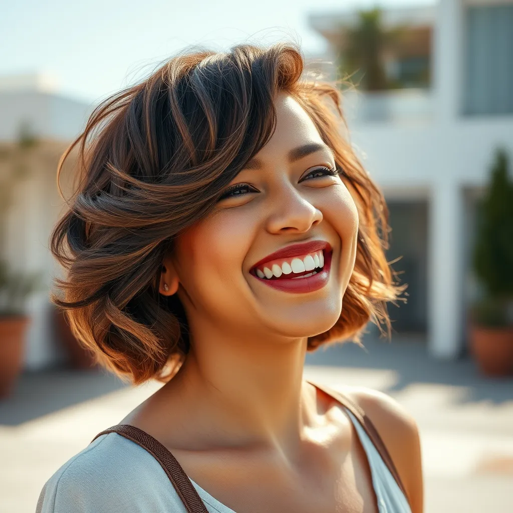 A woman with a confident smile, radiating joy and happiness, with her hair styled in a flattering way, showing off its health and volume. The setting should be a bright and inspiring outdoor space with a positive, energetic atmosphere.