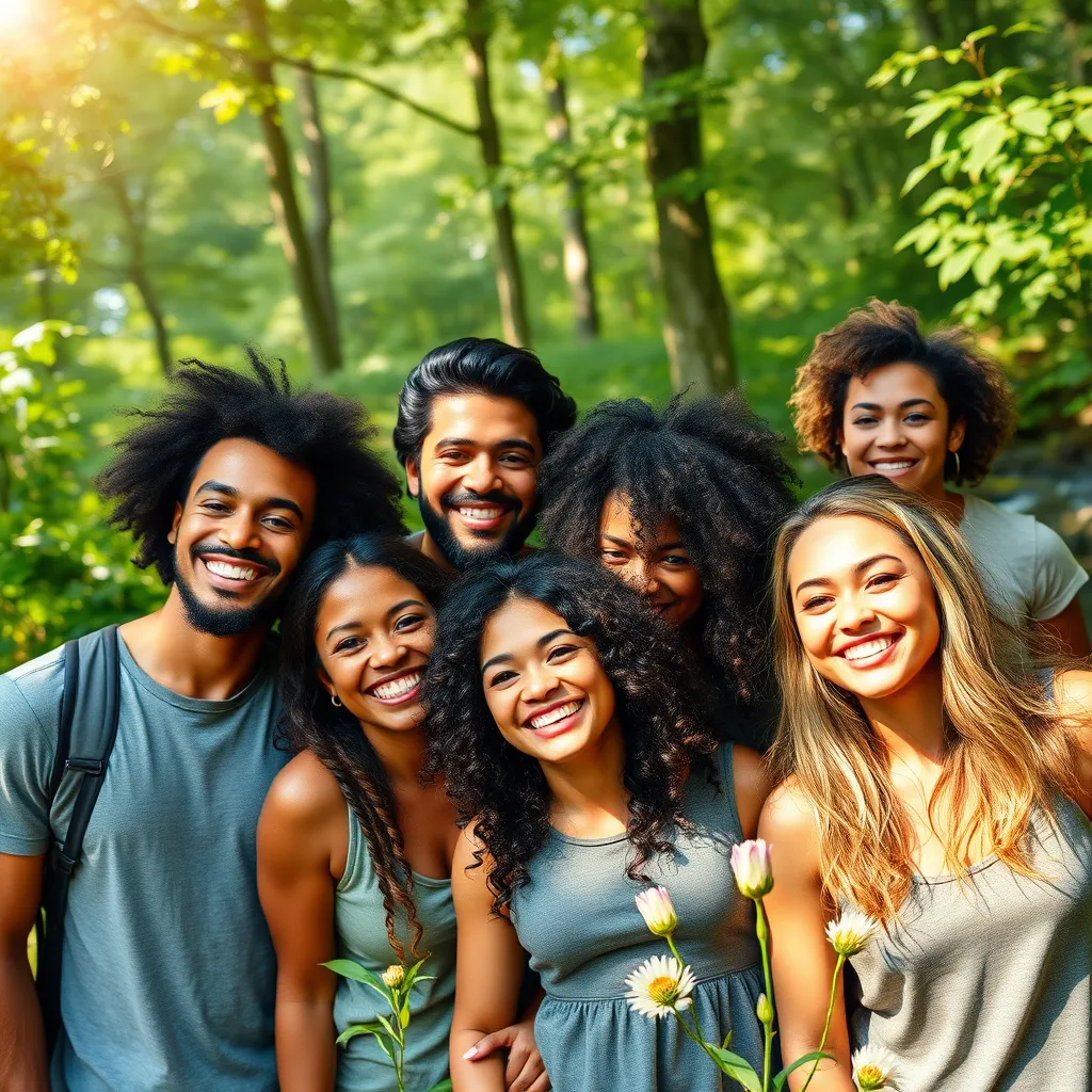 Create a photorealistic, ultra-high-quality (8K resolution, hyperrealistic) header image for a website showcasing Nutrafol's hair loss treatment.  The image should feature a diverse group of people (men and women of different ages and ethnicities) with healthy, vibrant hair, smiling confidently and radiating joy. The scene should be set outdoors, in a beautiful natural setting, with soft, warm sunlight filtering through the leaves.  The color palette should be natural and vibrant, with shades of green, blue, and brown, creating a sense of peace and renewal.  The camera angle should be slightly elevated, looking down on the group, emphasizing their positive energy and connection.  The subjects should be dressed in casual, comfortable clothing that reflects their active and healthy lifestyles.  The background should be a lush, green forest, with elements of nature like flowers, trees, and a flowing stream, adding to the sense of vibrancy and renewal.  The image should evoke feelings of confidence, hope, and the power of nature to heal and restore., ultra high resolution, photorealistic, 8K, hyperdetailed, cinematic lighting