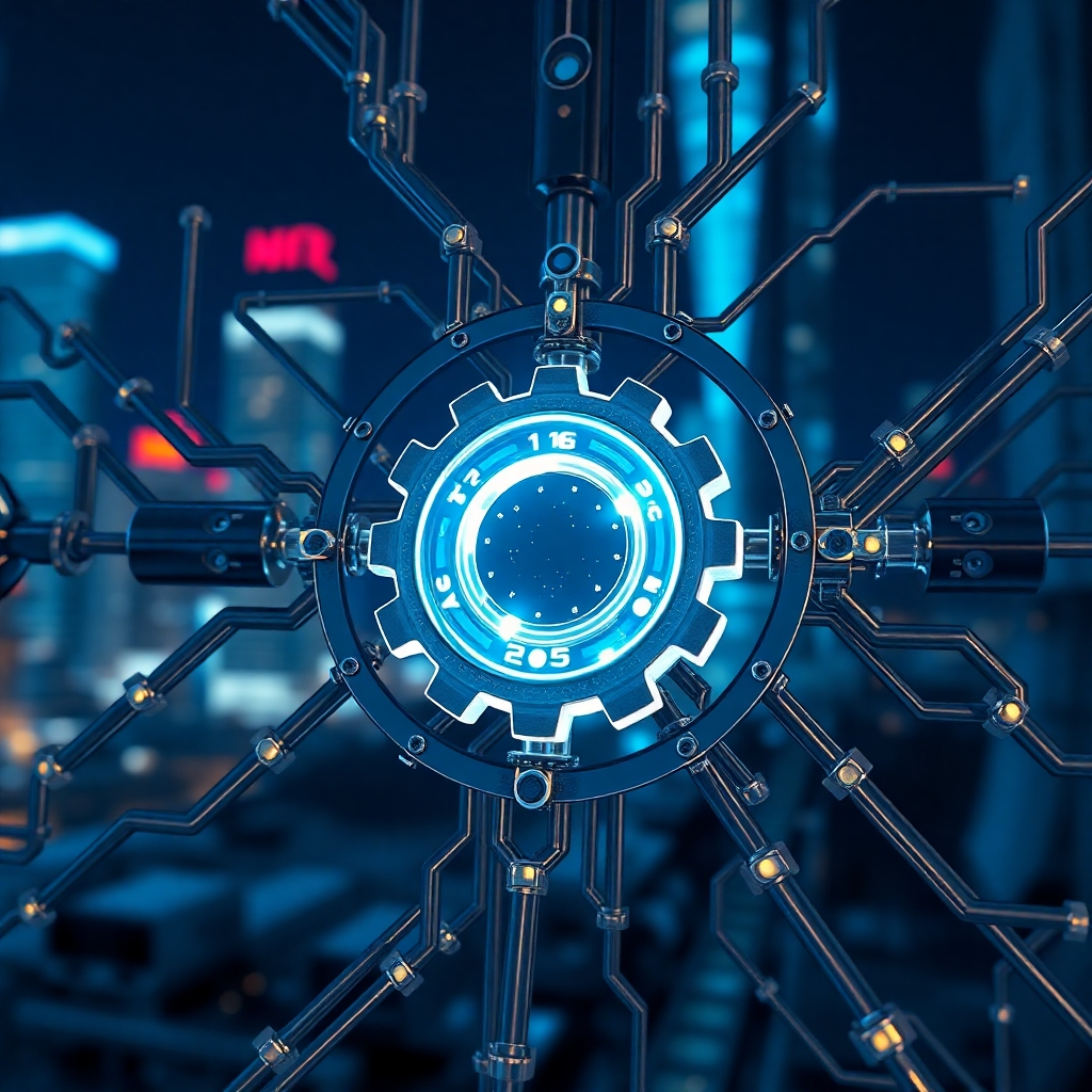 A breathtaking, photorealistic 8K image depicting a sophisticated interconnected network of gears and circuits, symbolizing marketing and sales systems working in perfect harmony. The central focus should be on a brightly lit, transparent gear made of crystal, showcasing data flowing seamlessly through it. The background is a blurred cityscape at night, with subtle neon lights representing the modern business landscape. The color palette is dominated by blues, silvers, and golds, creating a sense of technological advancement and prosperity. The camera angle should be a low angle, emphasizing the scale and complexity of the system. Add subtle textures like brushed metal and glass reflections to enhance realism. The overall style is inspired by sleek, modern technology aesthetics, reminiscent of a futuristic control room. Hyperrealistic details are crucial to convey precision and expertise, reflecting Fleeks Marketing Systems' commitment to excellence.