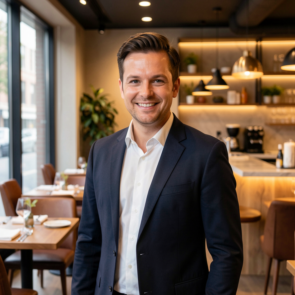 Restaurant owner smiling in modern bistro
