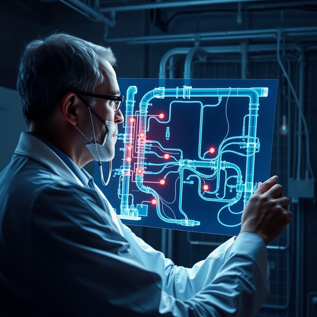 A photorealistic image depicting a doctor examining an X-ray of a complex system of pipes and wires. The X-ray highlights potential weak points and areas of concern within the system. The overall tone is professional and analytical, conveying a sense of thoroughness and expertise. The lighting is bright and sterile, emphasizing the medical analogy. The style references should be clean and modern, reflecting the diagnostic approach of Fleeks Marketing Systems.