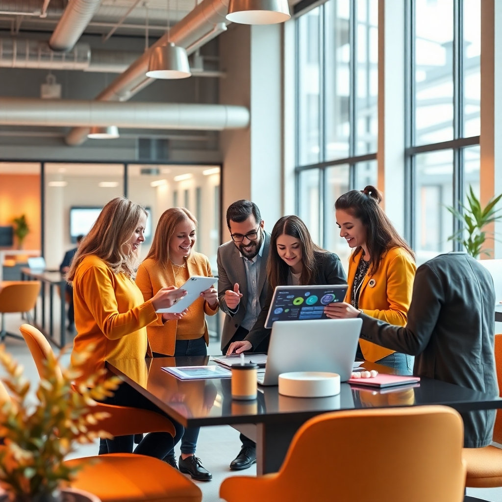 A photorealistic image depicting a team of marketing and sales professionals working together in a modern, open-plan office space. They are collaborating on a shared project, using interactive displays and digital tools to communicate and share ideas. The atmosphere is collaborative and energetic, reflecting the importance of teamwork. The color palette is warm and inviting, with oranges, yellows, and browns dominating the scene. The overall style is professional and collaborative, emphasizing the importance of teamwork in achieving success.
