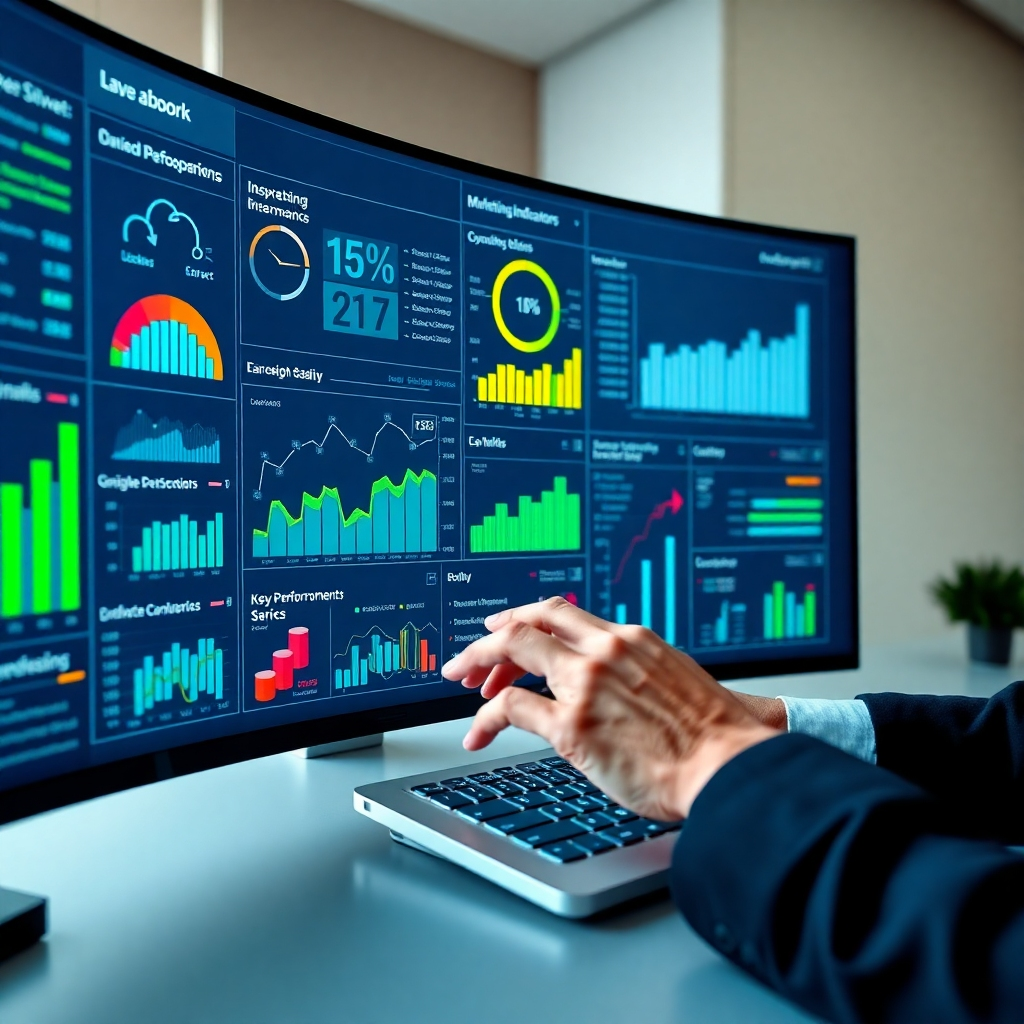  A photorealistic image depicting a dashboard filled with dynamic charts, graphs, and key performance indicators (KPIs) related to marketing and sales performance. The dashboard is displayed on a large, curved monitor, with a person's hands hovering over a keyboard, interacting with the data. The color palette is professional and informative, with blues, greens, and grays dominating the scene. The lighting is soft and natural, creating a sense of clarity and precision. The overall style is analytical and data-driven, reflecting the importance of data in Fleeks Marketing Systems' consulting approach. Ensure the data visualizations are clear, concise, and visually appealing.