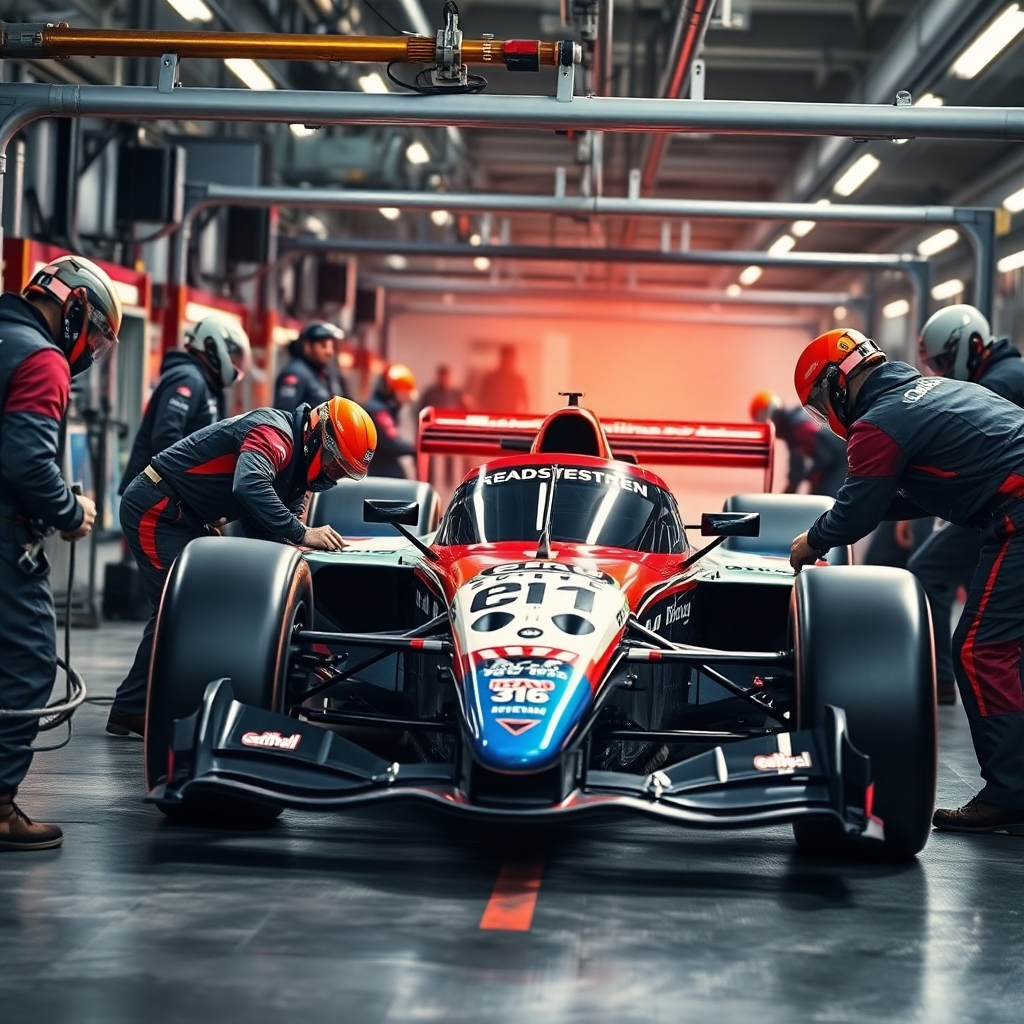 A photorealistic image depicting a race car being fine-tuned in the pit stop. Mechanics are working diligently to optimize the car's performance, adjusting the engine, tires, and aerodynamics. The overall tone is competitive and focused, conveying a sense of precision and continuous improvement. The lighting is bright and intense, emphasizing the high-stakes environment. The style references should be automotive and technical, reflecting the ongoing optimization process of Fleeks Marketing Systems.