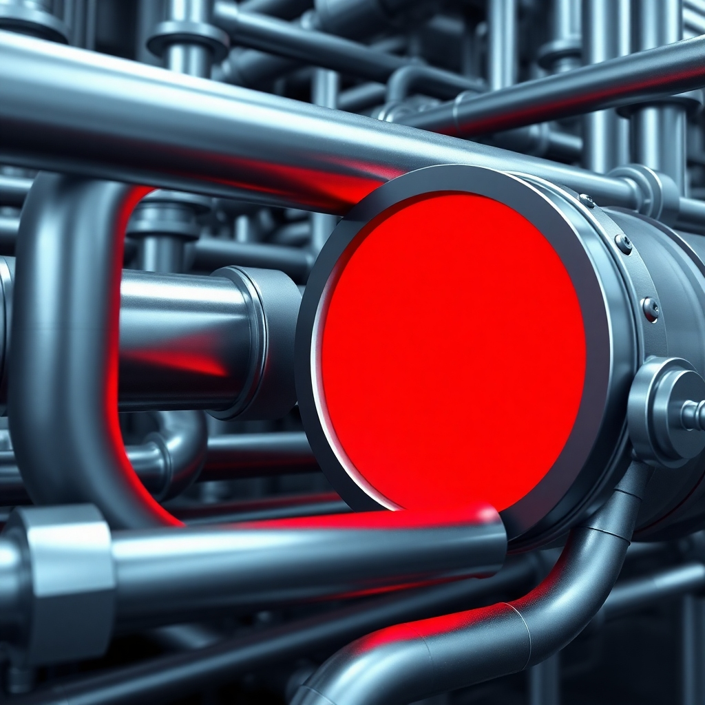  A photorealistic image of a complex pipeline system, visually representing a marketing and sales funnel. One section of the pipeline is significantly constricted, with a bright red light highlighting the bottleneck. The surrounding areas are flowing smoothly, emphasizing the contrast. The color palette is primarily metallic gray and blue, with a stark red to draw attention to the bottleneck. The camera angle is a close-up, focusing on the problematic section. The overall style is technical and analytical, reflecting the diagnostic approach of Fleeks Marketing Systems. Ensure the image conveys a sense of urgency and the need for immediate resolution.
