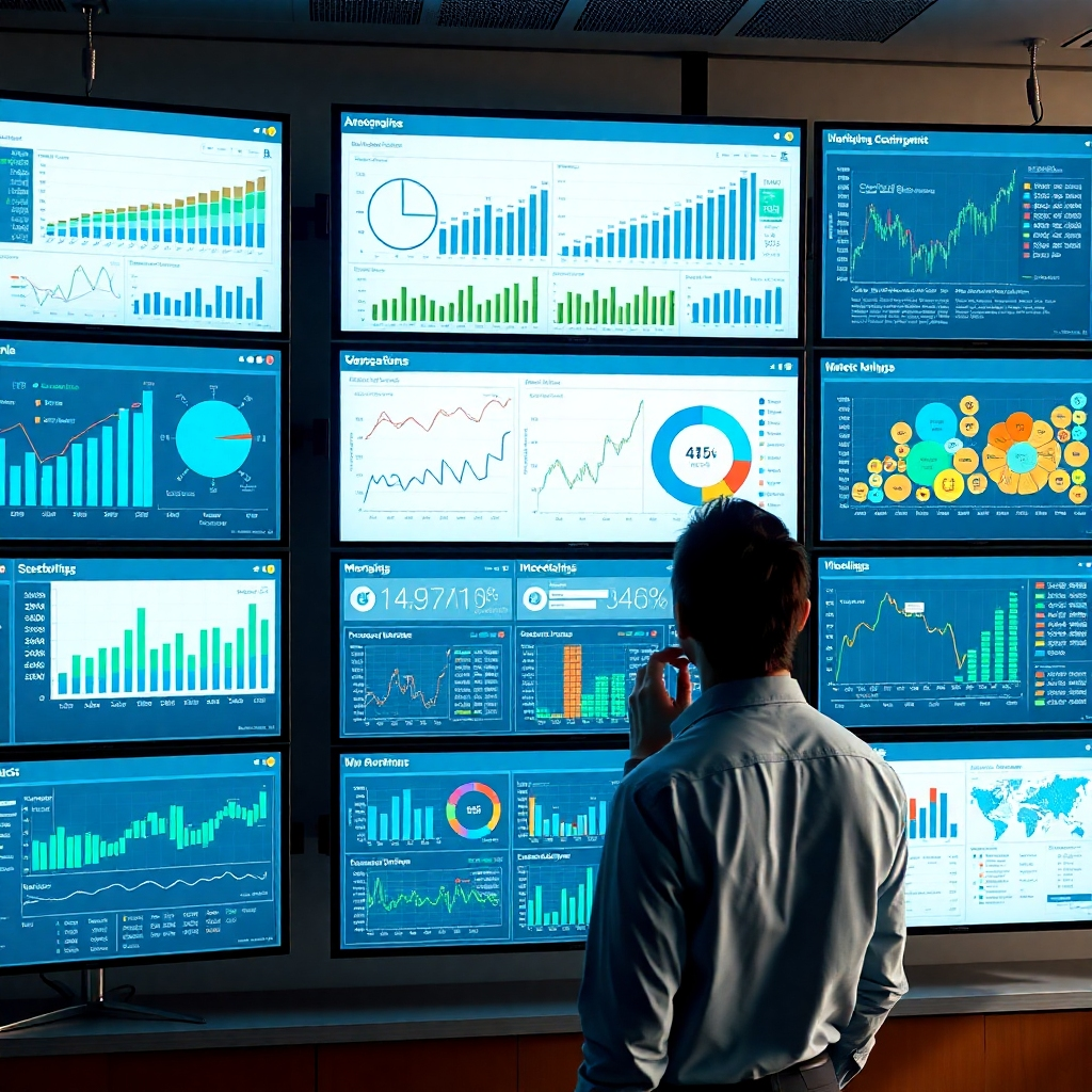 A photorealistic image of a sophisticated analytics dashboard displayed on multiple screens. The screens are filled with charts, graphs, and heatmaps, providing a comprehensive overview of marketing and sales performance. A person is standing in front of the screens, analyzing the data and making strategic decisions. The color palette is professional and informative, with blues, greens, and grays dominating the scene. The lighting is soft and natural, creating a sense of clarity and precision. The overall style is analytical and data-driven, reflecting the importance of performance measurement in Fleeks Marketing Systems' consulting approach.