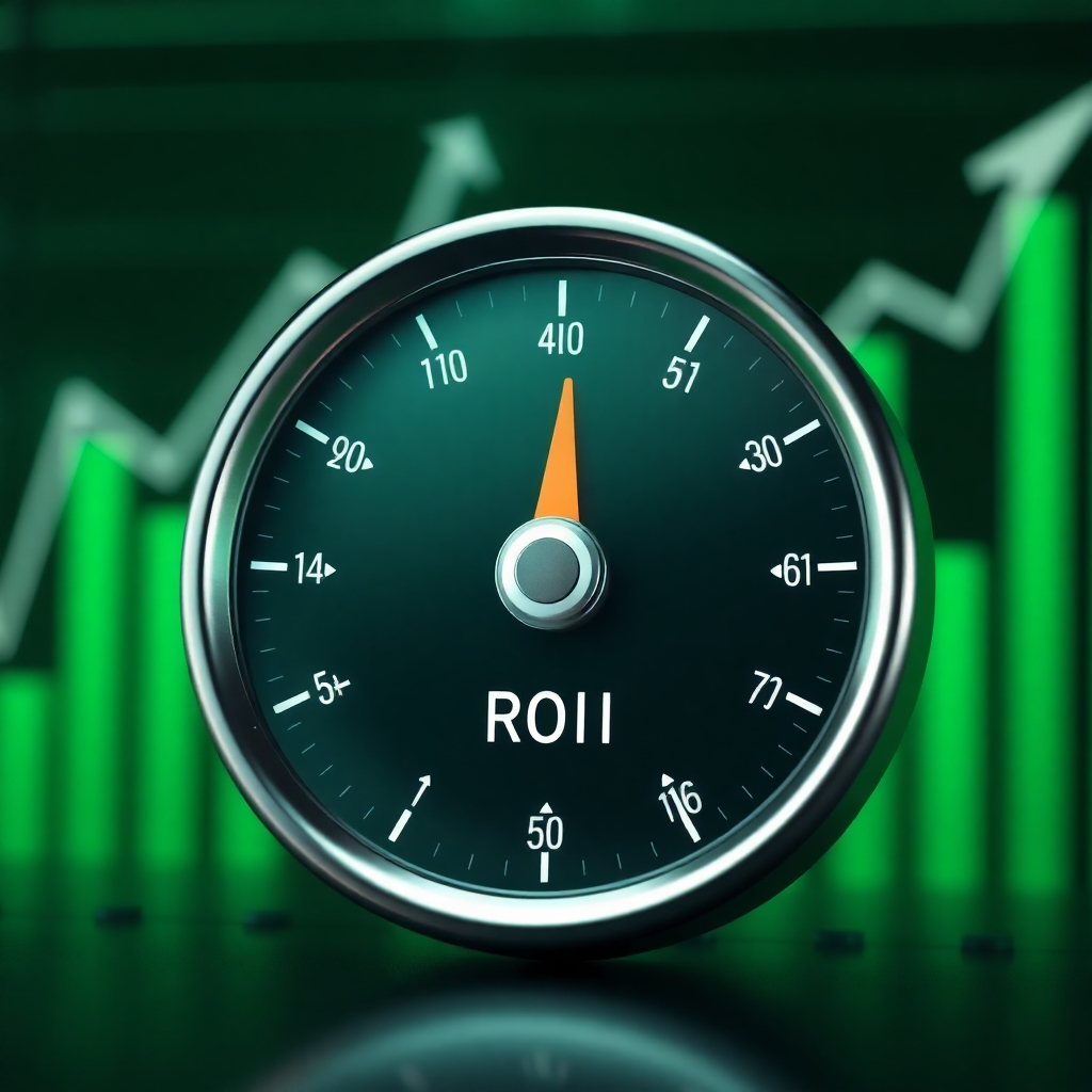 A photorealistic image representing ROI optimization. The visual should depict a gauge or dial pointing towards a high ROI figure, with upward-trending graphs in the background. The background should include hints of financial charts. The color palette consists of greens. Camera angle: a medium shot of the gauge and background charts. Texture details: sharp focus on the gauge. Style reference: clean and corporate. Technical Specs: 4K resolution, high quality.