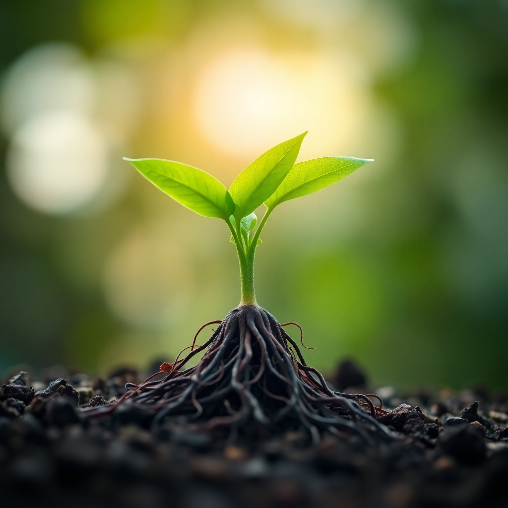 A photorealistic image representing growth-oriented consulting. The visual depicts a plant growing rapidly from a seed, with roots that are intertwined with digital data and charts. The plant is reaching towards the light, symbolizing progress. The background should be blurred. The color palette consists of greens and browns. Camera angle: low angle shot, emphasizing the upward growth. Texture details: smooth texture of the leaves. Style reference: organic and natural. Technical Specs: 4K resolution, high quality.