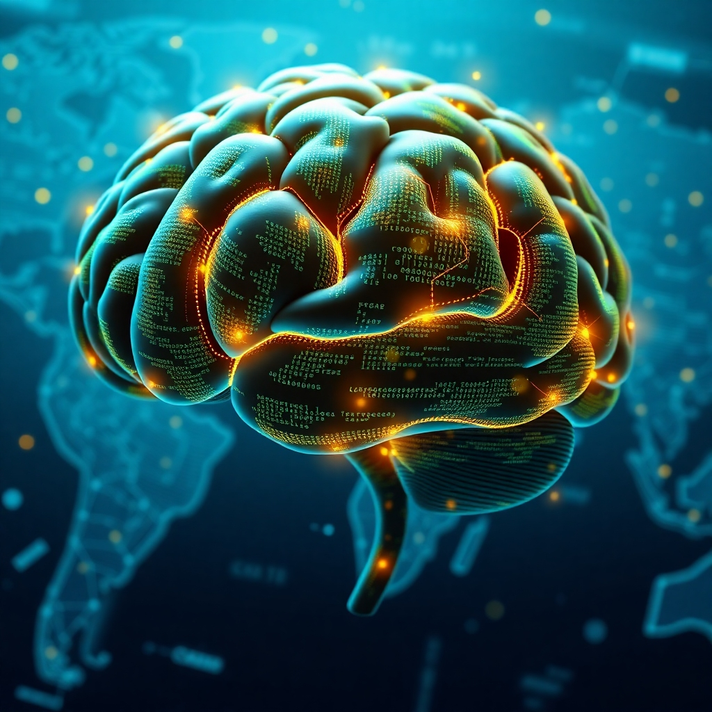 A photorealistic image representing data-driven strategies. The visual should depict a brain illuminated with lines of code and data streams. The brain is superimposed on a world map, suggesting global reach and impact. The color palette consists of cool blues and greens, with brighter accents of yellow and orange to represent insights and discoveries. Camera angle: a slightly high-angle shot to capture the entire scene. Texture details: smooth brain texture, with sharp focus on the data streams. Style reference: futuristic and tech-forward. Technical Specs: 4K resolution, high quality.