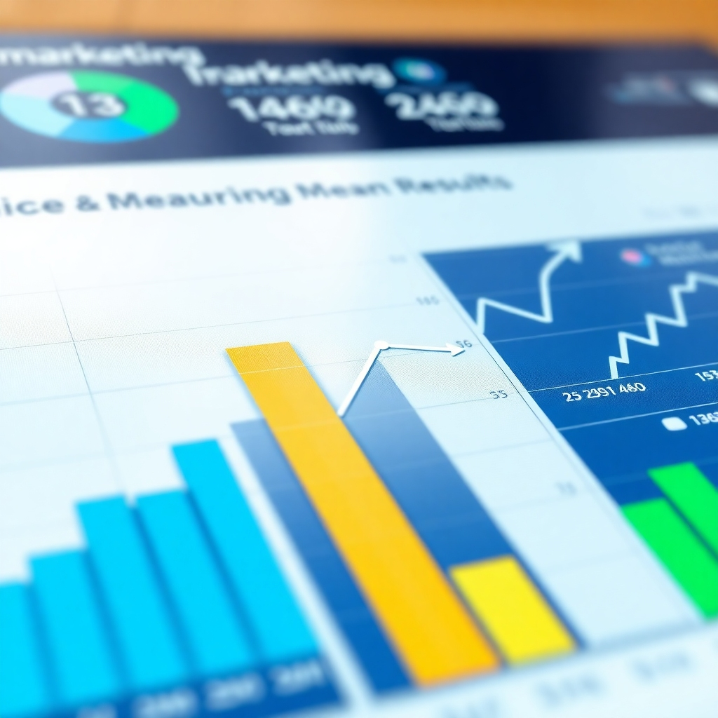 A photorealistic image representing measurable results. The visual should depict a dashboard displaying marketing metrics and key performance indicators (KPIs) trending upward. The dashboard should include graphs, charts. The color palette consists of blues and greens. Camera angle: overhead shot to display metrics. Texture details: sharp focus on the dashboard. Style reference: clean and professional. Technical Specs: 4K resolution, high quality.