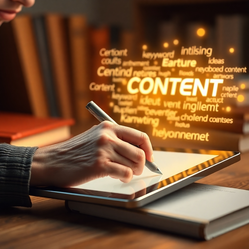 A photorealistic image representing content creation. The visual should depict a person writing on a tablet, surrounded by a glowing cloud of ideas and keywords. The background should include books. The color palette consists of gold and oranges. Camera angle: focusing on the person. Texture details: smooth tablet surface. Style reference: creative and inspirational. Technical Specs: 4K resolution, high quality.