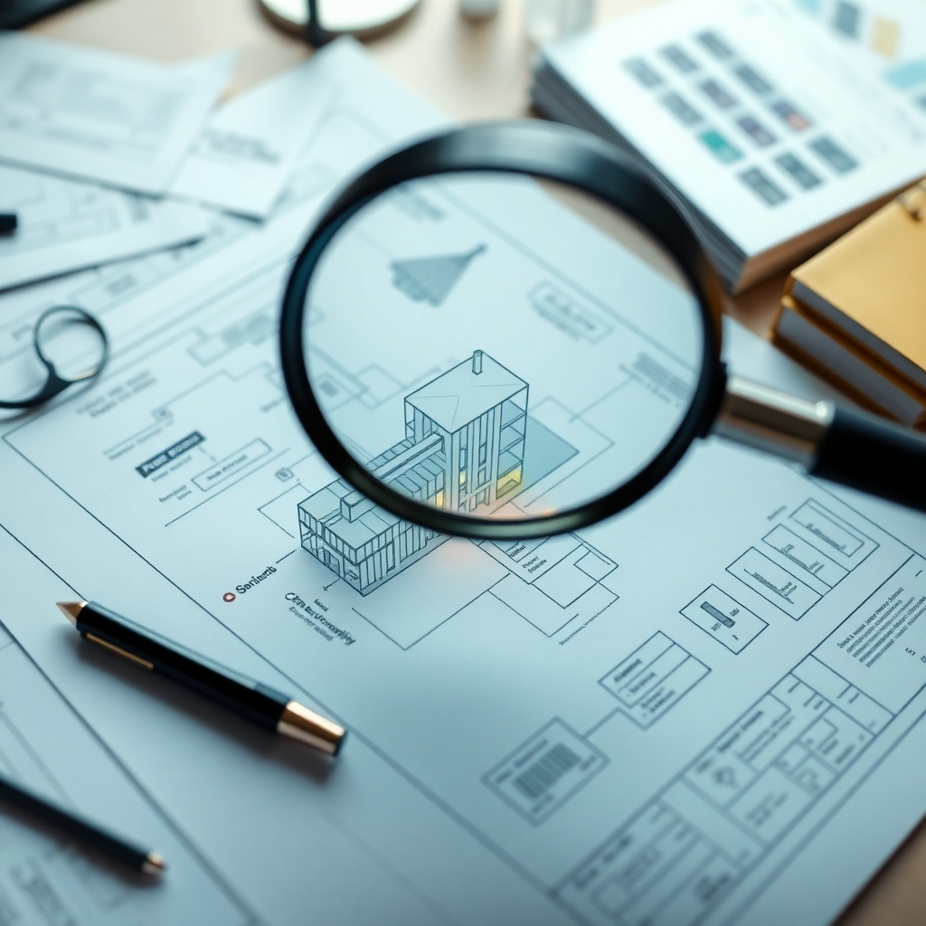 A photorealistic image representing a comprehensive brand audit. The visual should depict a magnifying glass hovering over a blueprint or a detailed schematic of a building, representing the brand's structure. Key elements of the blueprint are highlighted with different colors, indicating areas of strength and potential improvement. The background should be a softly lit office environment, with scattered documents and tools suggesting careful analysis. The color palette consists of muted blues, grays, and greens, with brighter accents of red and yellow to draw attention to specific areas. Camera angle: a slightly overhead shot to capture the entire blueprint. Texture details: crisp lines and sharp focus on the magnifying glass. Technical Specs: 4K resolution, high quality.