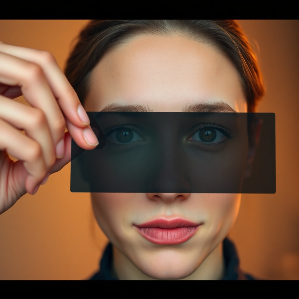 A photorealistic image representing messaging refinement. The visual should depict a person's face, partially obscured by a filter. The filter is being adjusted, resulting in a clearer and more focused image of the face. The background should be a softly lit studio environment. The color palette consists of warm tones, with a soft focus on the person's eyes. Camera angle: a close-up shot to emphasize the refinement process. Texture details: smooth skin texture, with sharp focus on the eyes. Technical Specs: 4K resolution, high quality.