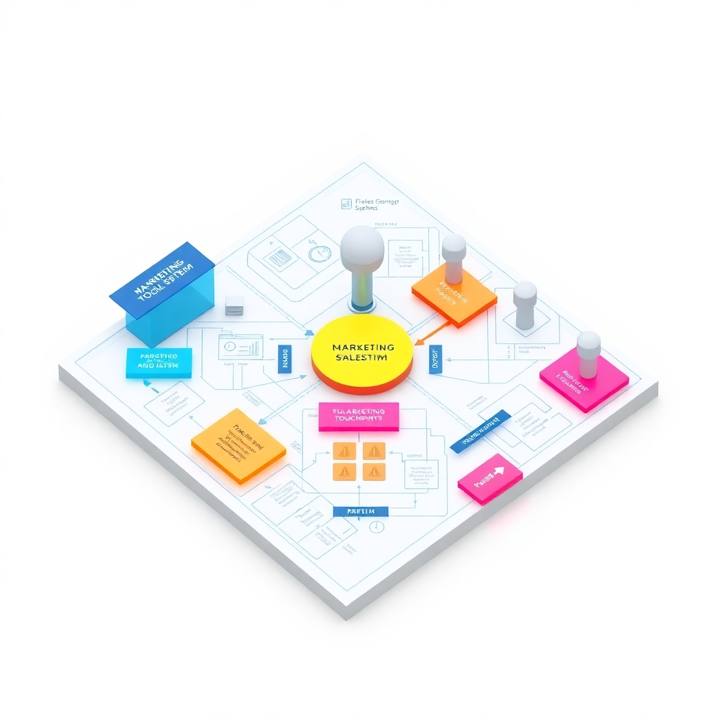 A stylized 3D rendering of a blueprint-like structure representing a marketing and sales system. Key components are highlighted with vibrant colors, indicating strategic touchpoints and processes. The background is a clean, white space, allowing the blueprint to stand out. The camera angle is an overhead view, providing a comprehensive perspective of the system's design. The style is modern and architectural, emphasizing the structured and strategic approach of Fleeks Marketing Systems. Consider adding subtle animations or glowing effects to enhance the visual appeal and highlight the dynamic nature of the system.