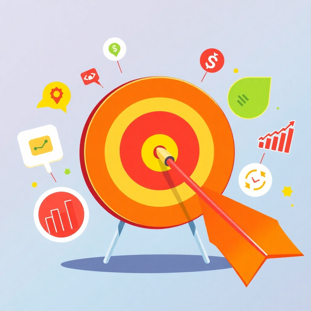 A stylized illustration depicting a target with an arrow hitting the bullseye, representing shared goals and metrics. The target is surrounded by symbols representing marketing and sales activities, such as lead generation, customer acquisition, and revenue growth. The color palette is vibrant and motivational, with reds, yellows, and greens dominating the scene. The overall style is inspiring and goal-oriented, reflecting the importance of shared objectives in achieving success. Consider adding subtle animations or glowing effects to enhance the visual appeal.