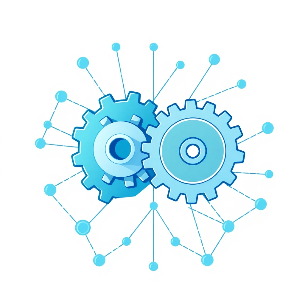 A stylized illustration depicting two gears interlocking perfectly, representing the alignment of marketing and sales teams. The gears are surrounded by a network of interconnected nodes, symbolizing the unified system architecture. The color palette is harmonious, with blues and greens blending seamlessly together. The overall style is modern and symbolic, reflecting the importance of alignment in achieving success. Consider adding subtle animations or glowing effects to enhance the visual appeal and highlight the dynamic nature of the system.