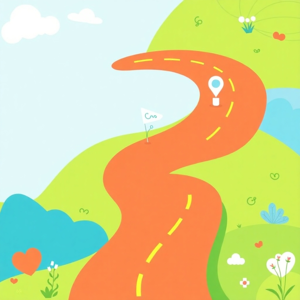 A stylized illustration of a winding road representing the customer journey. Key milestones are marked with icons representing different stages of the journey, such as awareness, consideration, decision, and loyalty. The road is surrounded by lush scenery, symbolizing a positive and engaging customer experience. The color palette is bright and cheerful, with blues, greens, and yellows dominating the scene. The overall style is whimsical and engaging, reflecting the importance of understanding and optimizing the customer journey. Consider adding subtle animations or interactive elements to enhance the visual appeal.